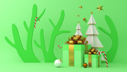 Christmas tree and gift box 3d rendering.
