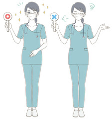 医療・医者手描き風　青いスクラブを着てマスクを付けた女性医師の全身イラストセット