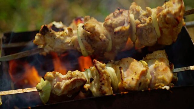 Chicken barbecue on skewers on the grill in the open air