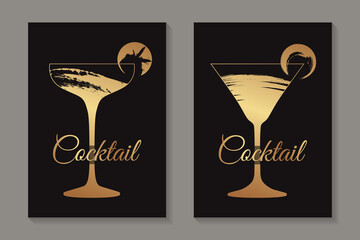 Abstract luxury card templates for alcohol tasting invitation or bar and restaurant menu or banner or logo with golden grunge cocktail glasses on a black background.