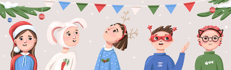 Horizontal New Year's banner with people in holiday costumes and decorated with Christmas tree branches, flags, Christmas balls and snow. Great for flyers, posters, headers. Vector illustration.