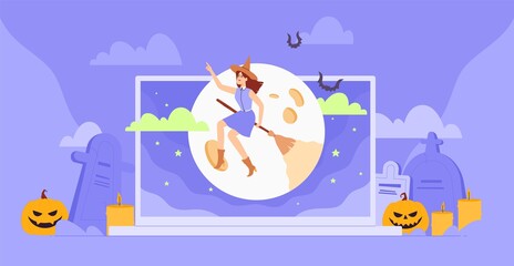 Female character in costume of whitch on laptop screen celebrate halloween. Online holiday party. Happy Halloween greetings template vector.
