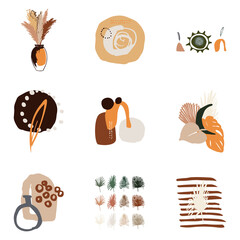 Bohemian design. Vector set of decorative elements in the boho style. Vases, plants, spots in warm shades. Contemporary art print. Design for T-shirts, posters, labels, media and social media covers.