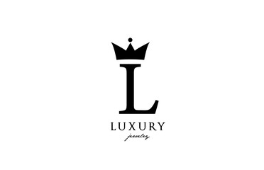 L alphabet letter logo icon in black and white color. Creative design with king crown for luxury or fashion business and company