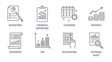 Fiscal year vector icons. Business finance company signs. Editable stroke. Financial reporting budgeting statement revenue. Calendar accounting external audit tax