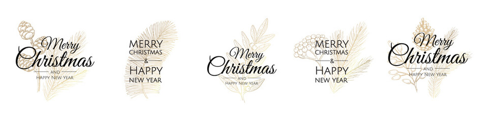 Merry christmas and happy new year abstract signs, labels or logo templates set.