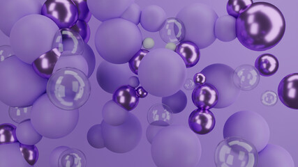Purple composition with metallic and glass balls. 3D illustration