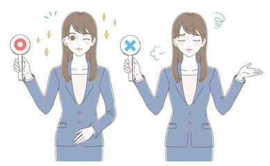 Hand-drawn style illustration facial expression set of business woman answering correct / incorrect answer
