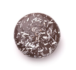 Top view of chocolate cookie with coconut shavings