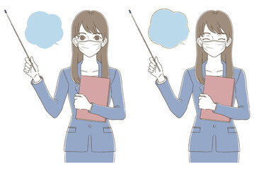 手描き風　マスクをつけて指示棒を持って教えているビジネスウーマンのイラスト表情セット