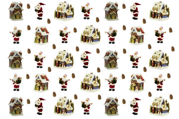 Christmas houses and Santa Claus in a red suit on a white background.