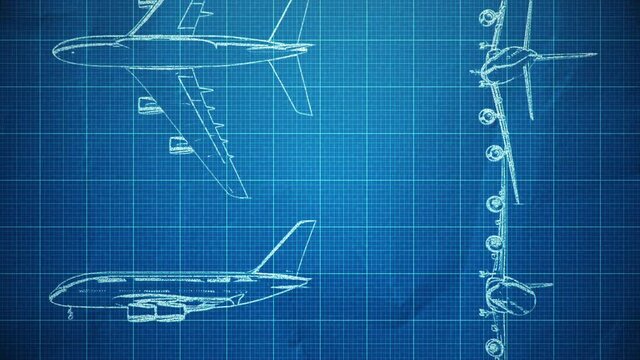 Abstract background with animation of blueprint drawing airplane. Animation of seamless loop.