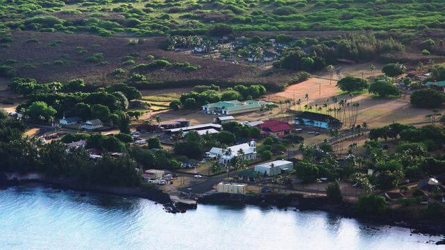 High angle establishing shot of Kalaupapa town settlement on the island of Molokai, Hawaii.