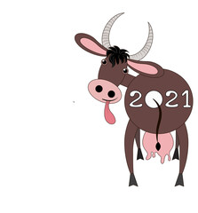 Flat style animal design.Back view of a brown cow that turns her head forward and showing its tongue, 2021 is written on the bottom. There is room for your text. Drawing isolated on white background. 