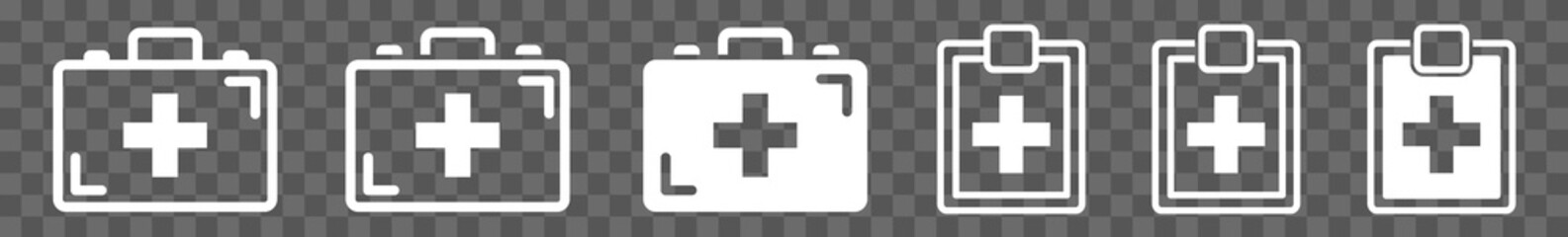 Fototapeta premium First Aid Kit Icon White | Emergency Box Illustration | Medical Help Symbol | Paramedic Bag Logo | Cross Sign | Isolated Transparent | Variations