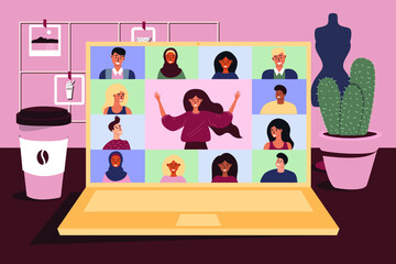 Flat vector illustration of a workplace, laptop screen, people talking on the Internet. Broadcast, web chat, online meetings with friends, video conference, online training.