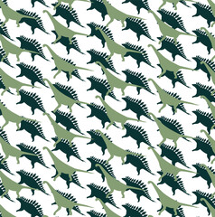 Seamlless pattern with dinosaur silhouettes brahiosauruses, stegosauruses navy blue, charcoal gray and white