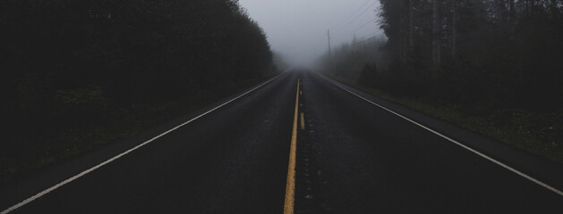 Quiet foggy road on a dark empty two lane road in a forest near Forks, Washington in the Olympic...