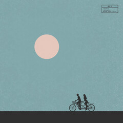 Couple on bike tandem silhouette. Lovers on bicycle. Blue background