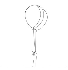 One line drawing of isolated vector air balloons. One line drawing of isolated vector object by hand on a white background. Hand holding balloons illustration. Concept of birthday