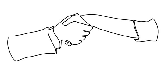 Hand shaking hands continuous line vector drawing. Business agreements vector concept. Two businessmen shaking hands. Continuous one line drawing illustration vector