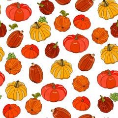 bright pumpkins seamless pattern. Background for Halloween, Thanksgiving, market, menu, fabric.