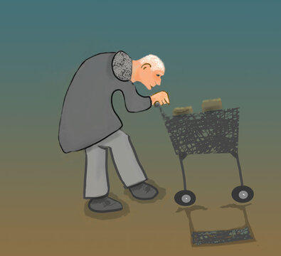 Illustration Elderly Man Slowly Pushing Shopping Cart Cartoon