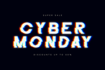 Fototapeta premium Cyber Monday sale, glitch banner. Advertising poster with glitched text for sale of cyber monday. Special offer, discounts. Vector.