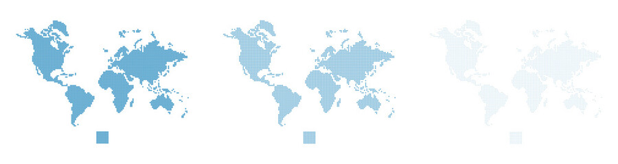 Pixel world map set in different resolution. Pixelated world maps. Vector.