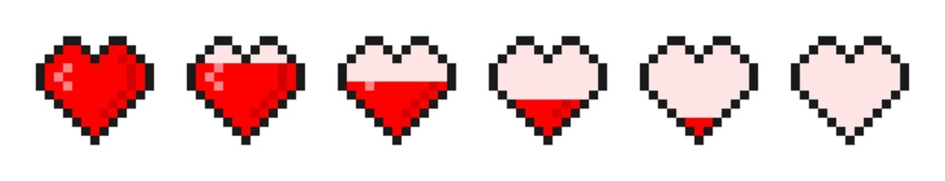 Pixel heart with game life bar. Pixel art hearts icons and health bar. Symbols set in 8 bit styles. Vector.