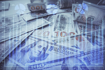 Multi exposure of forex chart drawing over us dollars bill background. Concept of financial success markets.