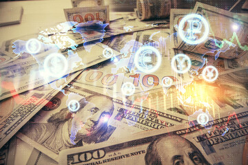 Multi exposure of forex chart drawing over us dollars bill background. Concept of financial success markets.