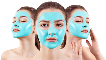 Collage of woman face with blue vitamin facial clay mask.