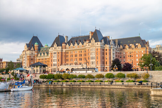 VICTORIA, CANADA - AUGUST 14, 2017: The Empress Hotel on a cloudy afternoon from city port