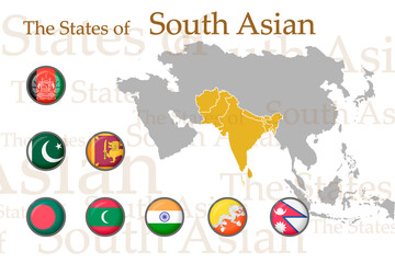 Naklejka premium Set of icons for the flags of the countries of South Asia. Vector image of flags and geographical map of Asia on a white background. You can use it to create a website, print brochures, booklets.