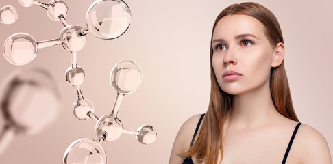 Glassy molecules structure near sensual woman face.