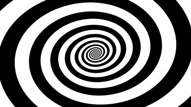 Moving through rotating spiral. Hypnosis concept in minimal style. Hypnotic optical illusion. Abstract background in black and white colors. Dizzy concentric pattern. Seamless loop animation.