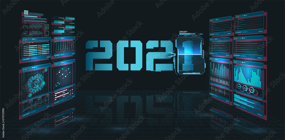 Aufkleber Digital banner 2021 Happy New Year on blue background with HUD,GUI, UX interface. Futuristic background for your design.Technology background. Digital data visualization. Hi-tech concept innovation