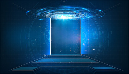 Sci fi tech cyber futuristic design concept background. Door on neon glowing futuristic background. New technologies coming to human life, high-tech. Vector illustration