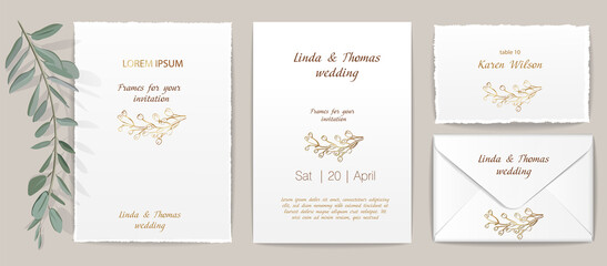 Fototapeta na wymiar Wedding invitation or greeting card and business card with gold geometrical frames, transparent light effects and wedding flowers. Golden brilliants elements and flowers isolated on background