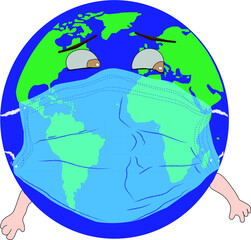 vector drawing of the ball of the world with hands and eyes and with sanitary mask as a precaution to the Covid19