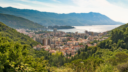 Budva city Montenegro. View from mountain road. Picturesque panoramic view to Budva city.