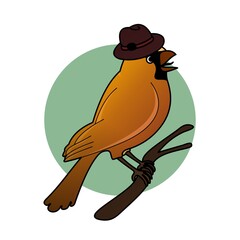 Illustration of Orange Bird Wearing a Hat Cartoon, Cute Funny Character, Flat Design