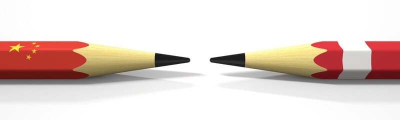 Pencils with flags of China and Peru. Political conflict concept. 3d rendering