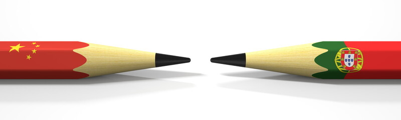 Obraz premium Opposing pencils with flags of China and Portugal. Conflict concept, 3d rendering
