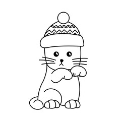 Coloring of Orange Cat Wearing a Hat Cartoon, Cute Funny Character, Flat Design