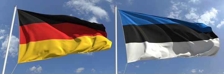 Flying flags of Germany and Estonia on sky background, 3d rendering
