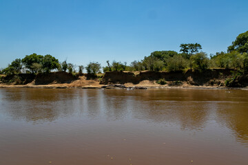 ケニアのマサイマラ国立保護区にある、マラ川周辺の風景と青空