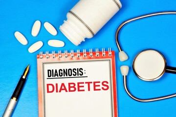Diabetes, elevated blood glucose levels. Text inscription on the form in the medical folder. The...