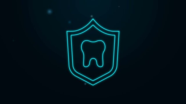 Glowing neon line Dental protection icon isolated on black background. Tooth on shield logo. 4K Video motion graphic animation